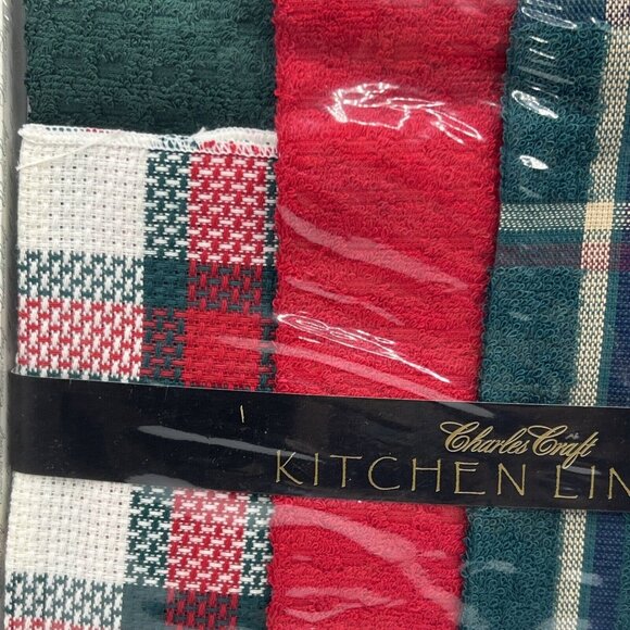 Charles Craft Kitchen Linens Red Green Christmas Dish Towels Plaid - Picture 2 of 6